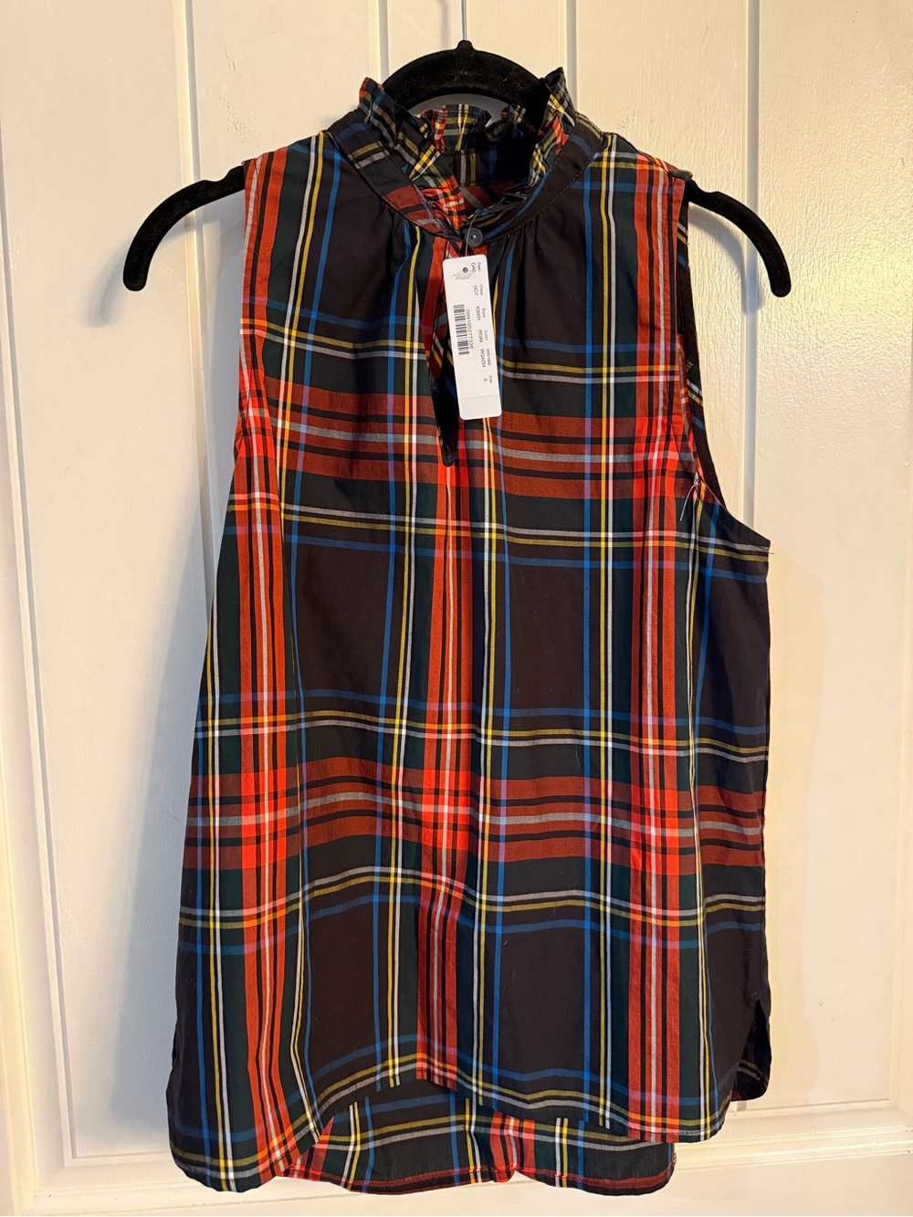 J Crew Woman’s Sleeveless Red Plaid Ruffle-Neck Top